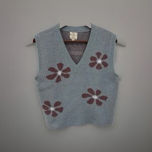 Hippie Rose Sweater Vest Women S Blue Gray Floral Academic College Fun Cozy